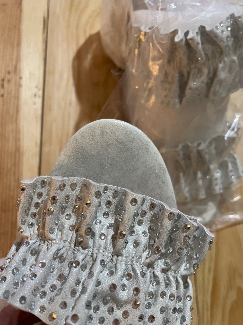 Ruffled Rhinestone Block Heel Slide - Ivory - Picture 12 of 12